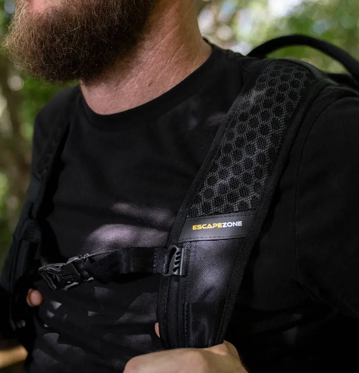 Close-up of the EscapeZone Dual backpack worn outdoors