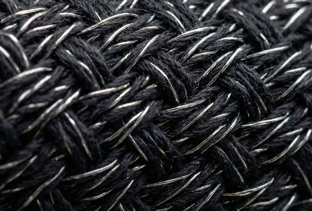 Macro view of pure silver strands woven into the Faraday Shirt fabric