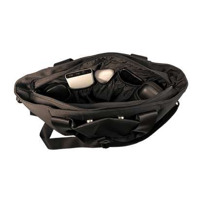 Inside of EscapeZone Stylish Women's Handbag with Faraday Pockets filled with Devices