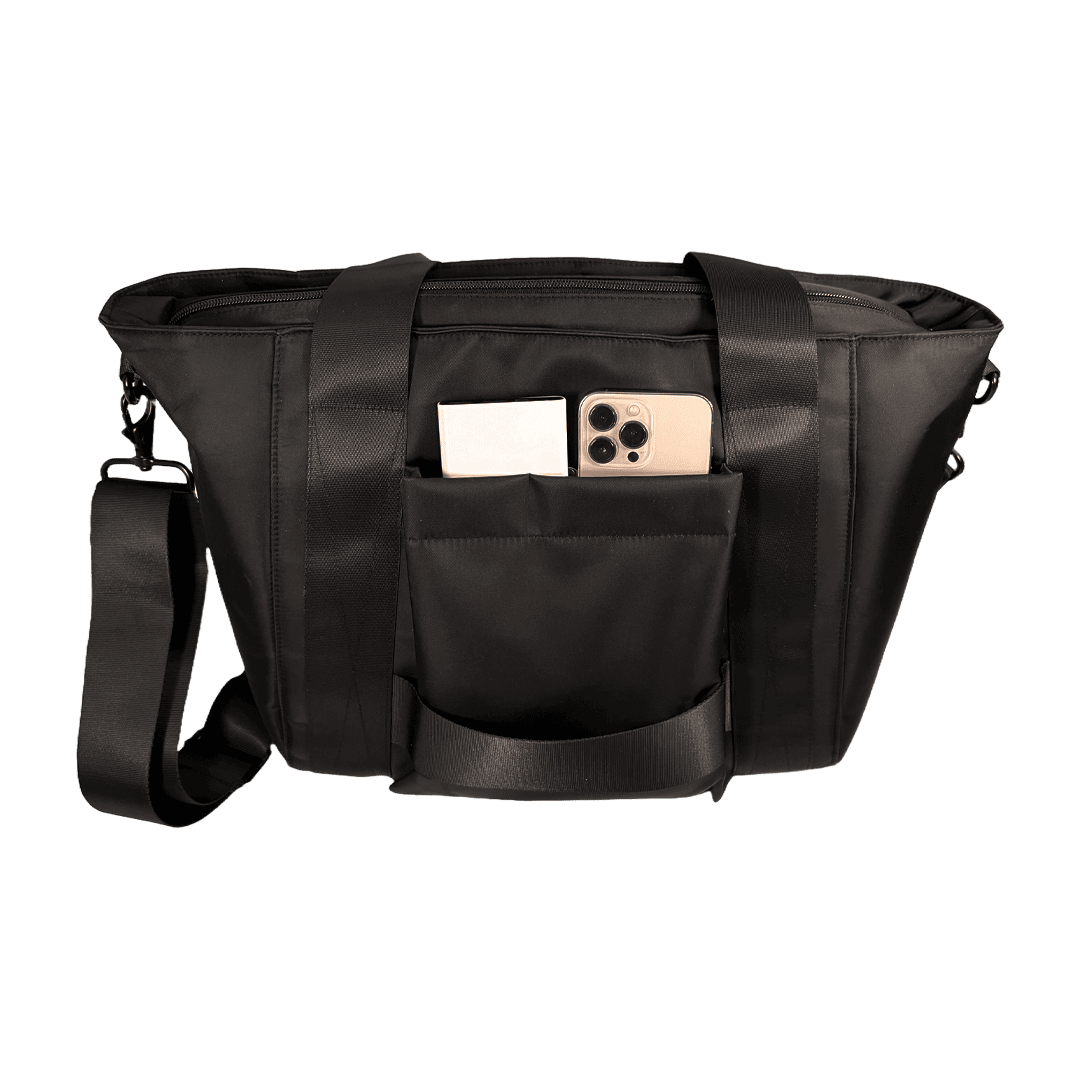 Side View of Stylish Women’s Handbag with Faraday Pockets with Devices in Pockets