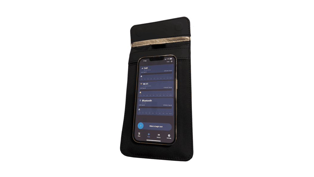 A phone inside the EscapeZone Faraday sleeve running a signal-blocking test