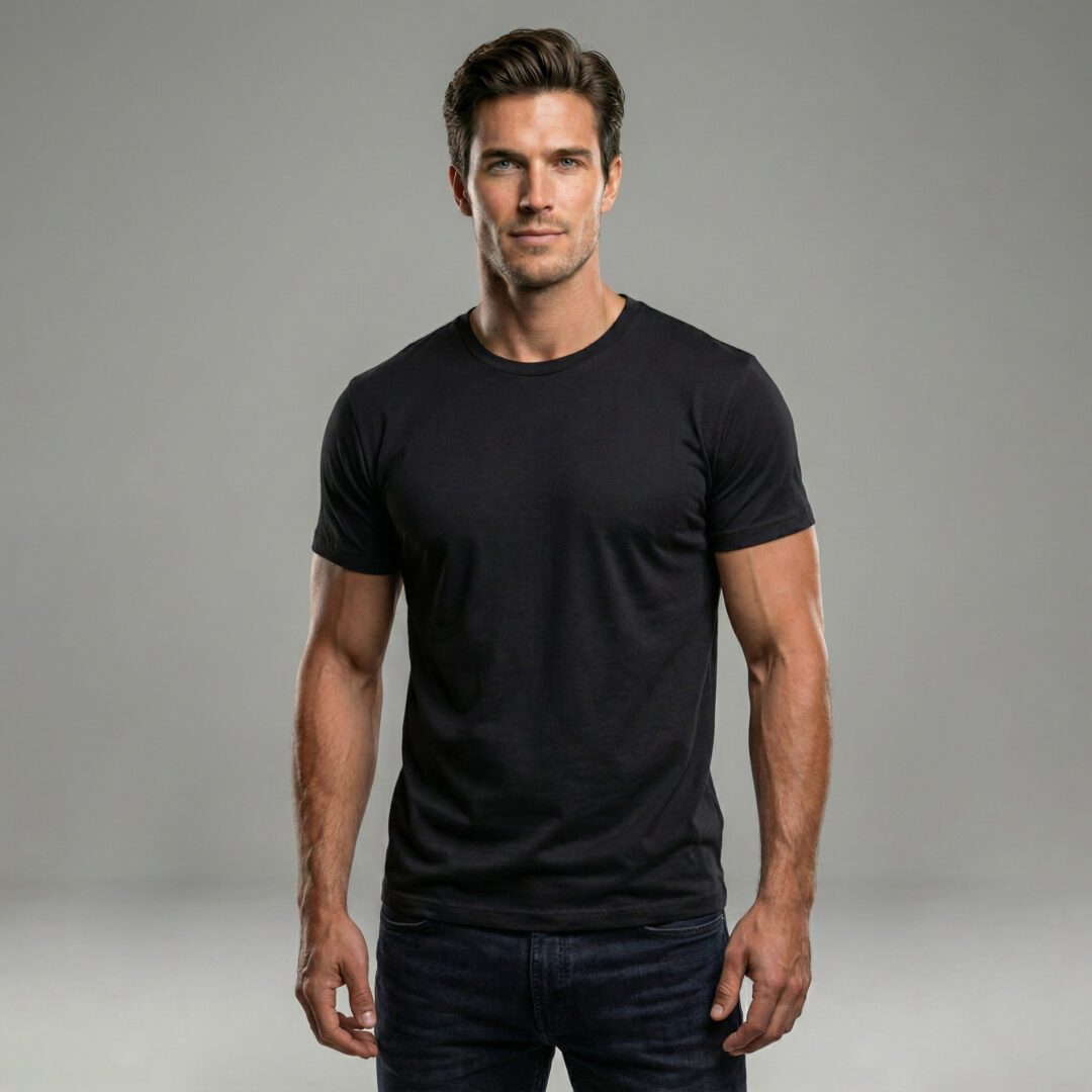 Man wearing the black EscapeZone Faraday EMF blocking t-shirt