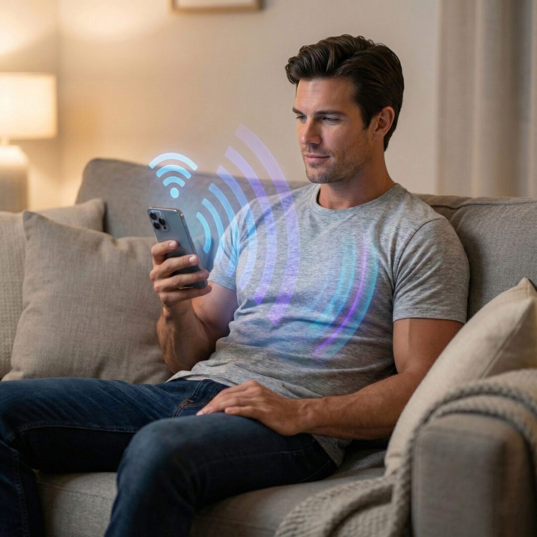 Man on a couch using his phone while wearing the Faraday Shirt